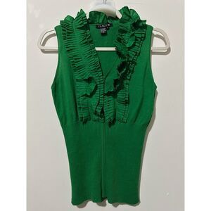 Tracy M Green Knit Sleeveless Top with Cascade Ruffles Neckline-Size S.